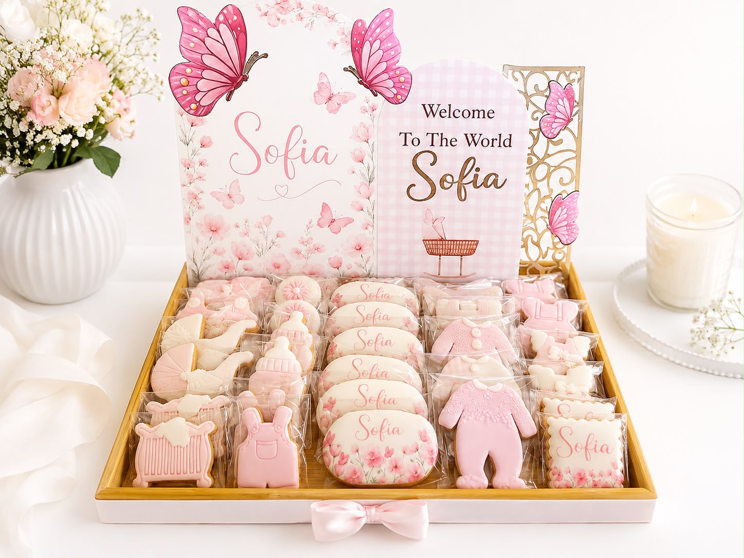 Personalised pink welcome baby cookie gift box